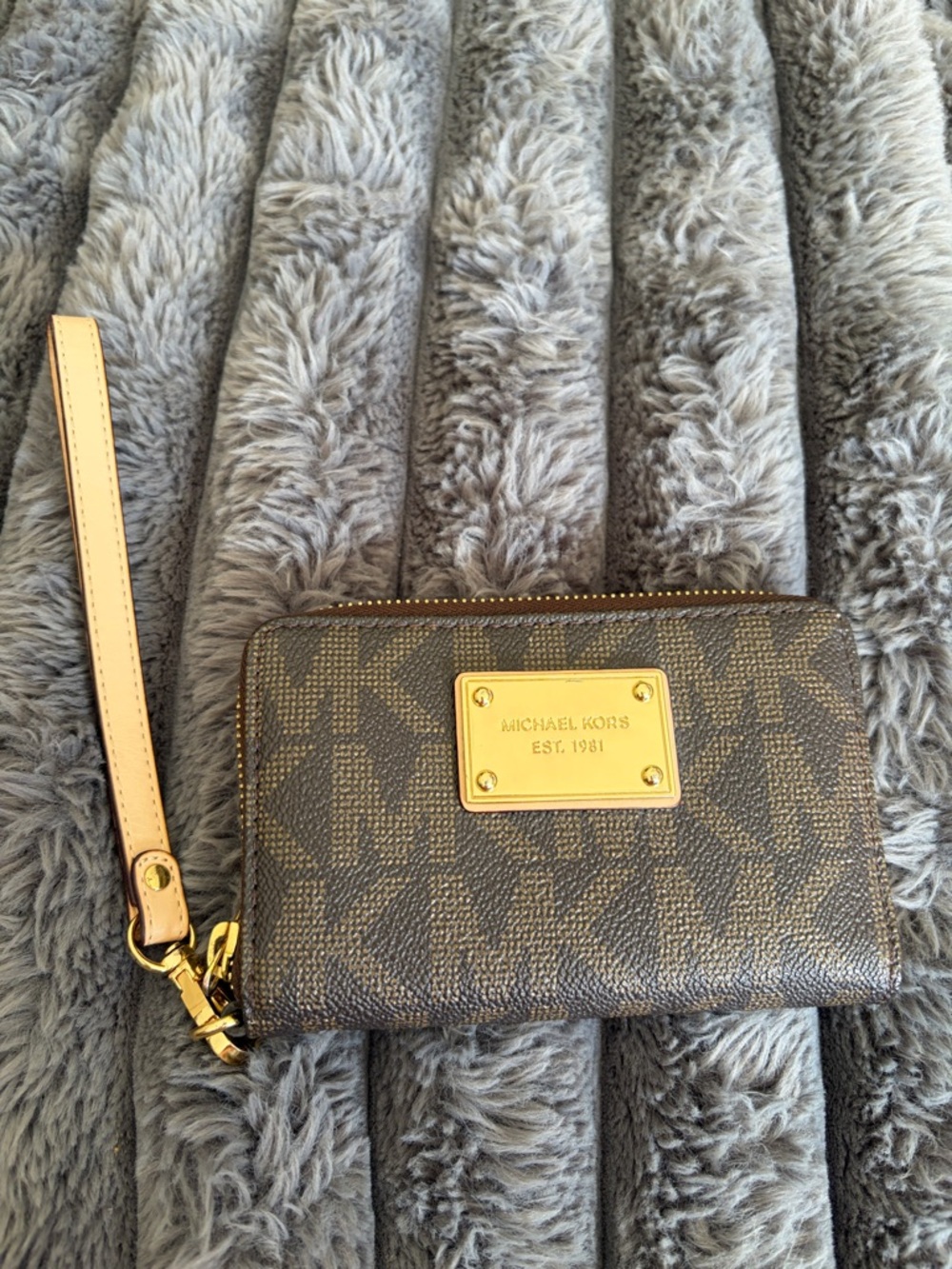 Michael Kors Brown Logo Wristlet Wallet with Gold Plate and Beige Strap